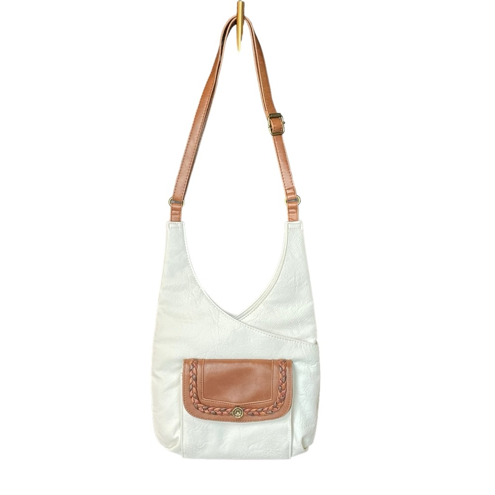 Beuno Crossbody Boho Bag White & Brown Three Compartment Satchel